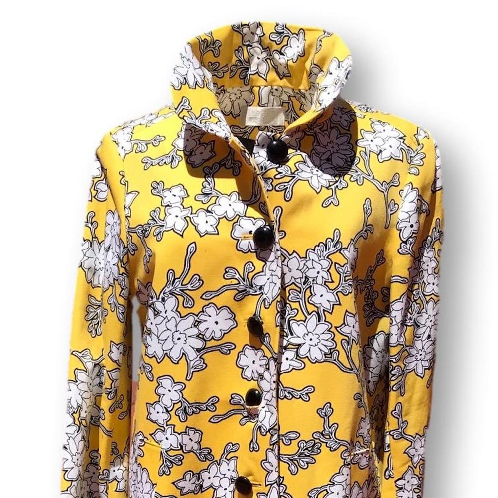 BADGLEY MISCHKA 1980s A-Line Coat 100% Cotton, Yellow/Black/White Floral Size L